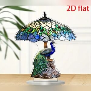 2D Flat Tabletop Acrylic Faux Tiffany Lamp W Peacock Base On Acrylic Stand